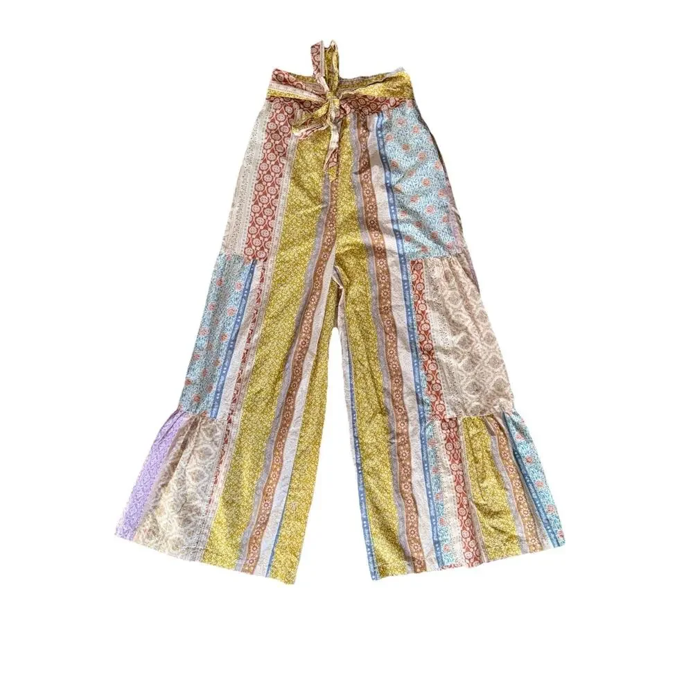 BlueVelvet Women’s Pants Boho Patchwork Wide Leg Ruffle Tie Waist Size Small - Picture 1 of 5